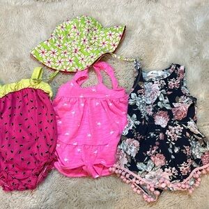 3-6m Flamingo dress George, wee wave sun hat13-22 lbs, watermelon onsie